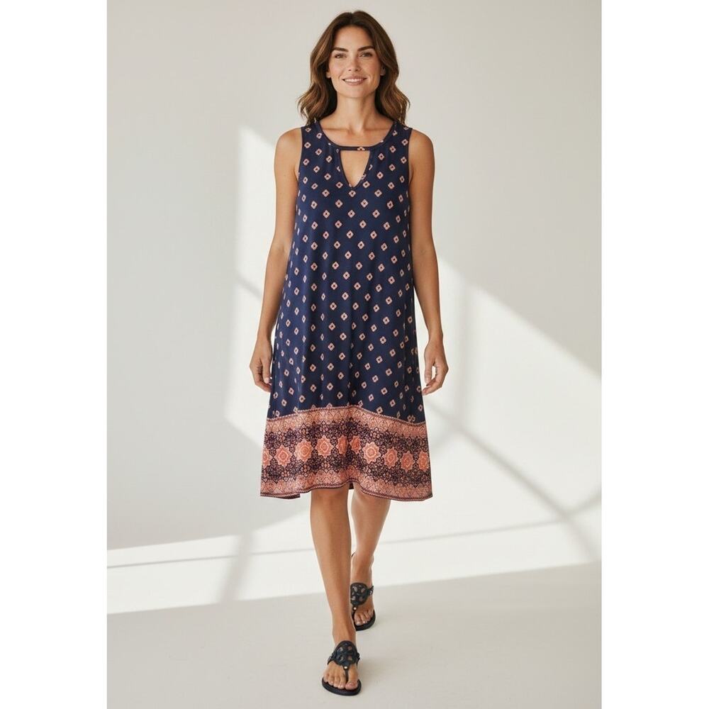 Nine Britton Renata Brushed Knit Dress Size L Navy Coral Boho Geometric Keyhole